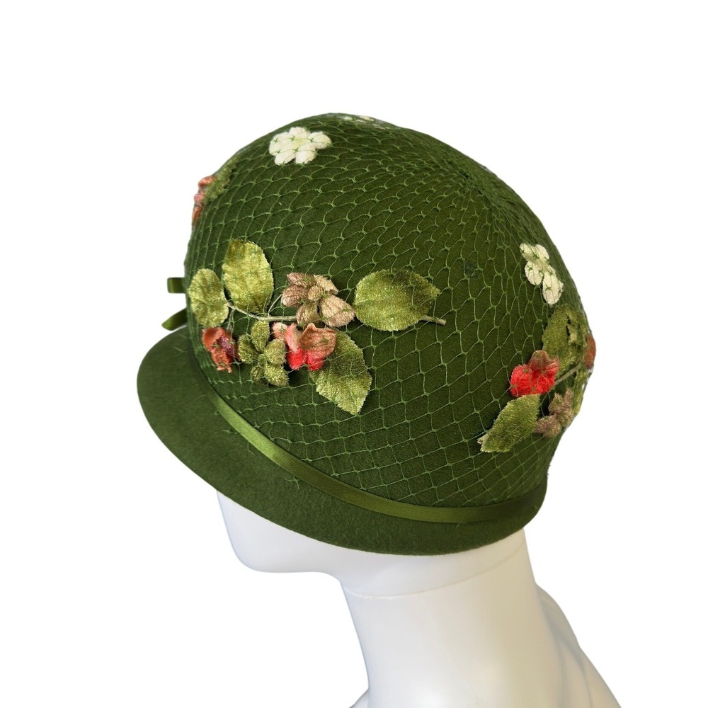Vtg 50s Green Wool Felt Cloche Hat Floral Velvet Glenover Flapper Style JS - Picture 8 of 12
